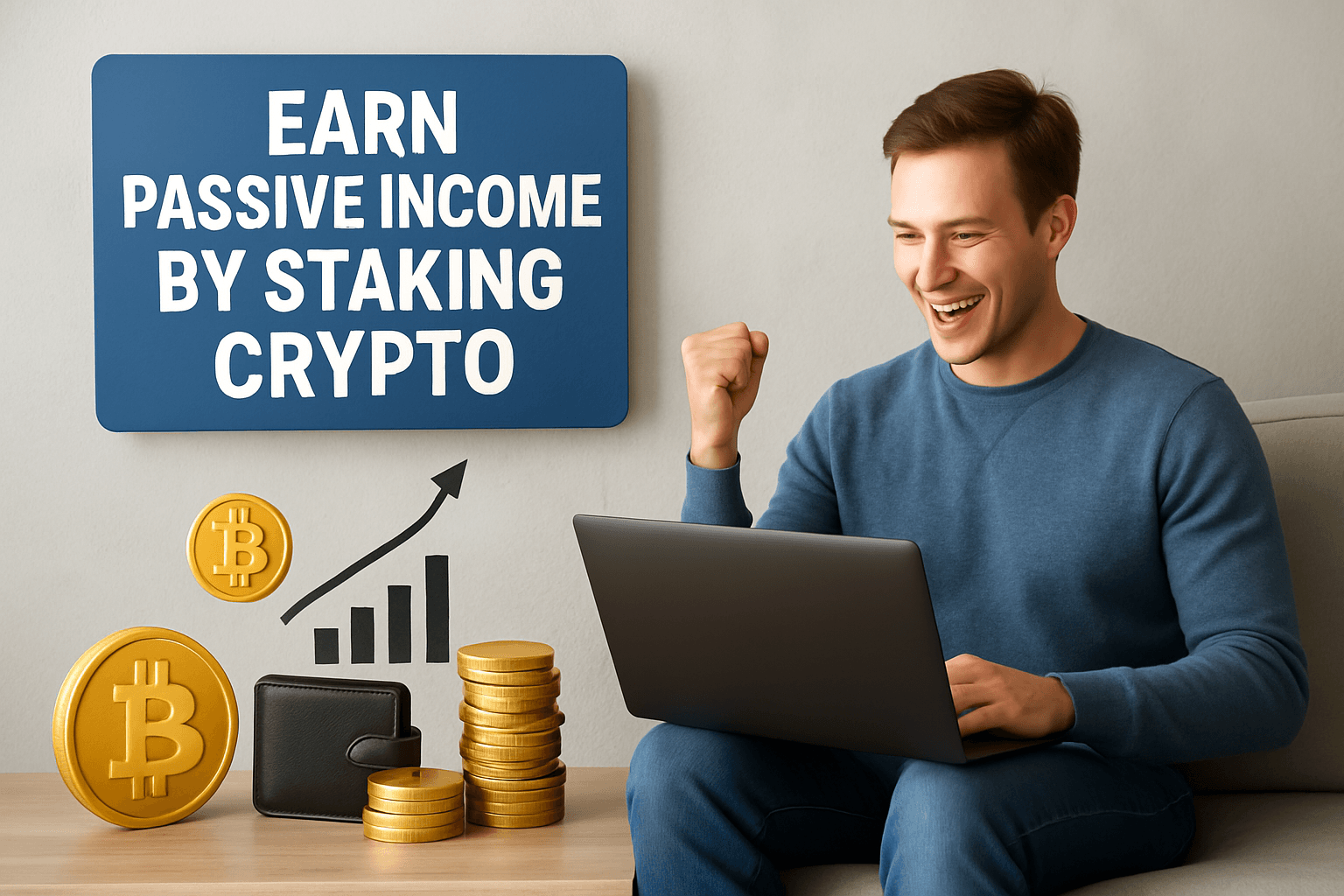 "Infographic showing how to earn passive income by staking crypto in 2025, highlighting the best coins, platforms, and APY rates for maximum earnings."