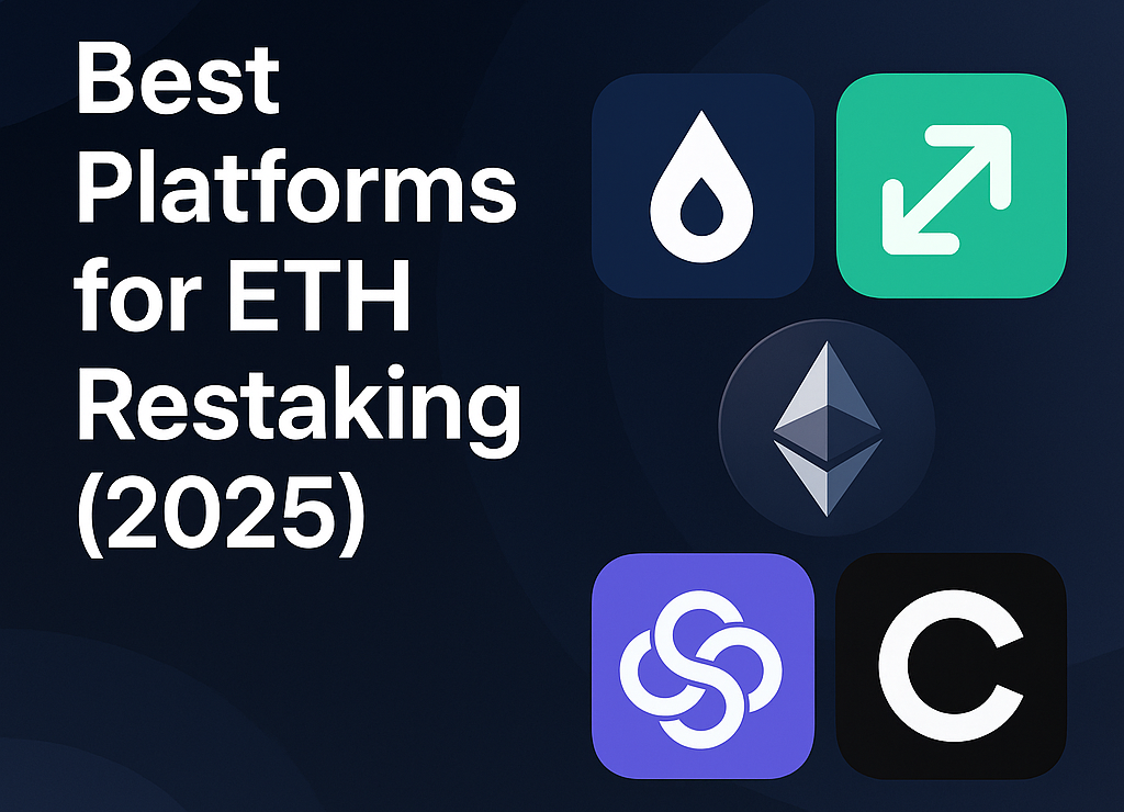 Top Ethereum restaking platforms for 2025 visualized with EigenLayer, Ether.fi, Renzo, and KelpDAO icons around a glowing ETH symbol