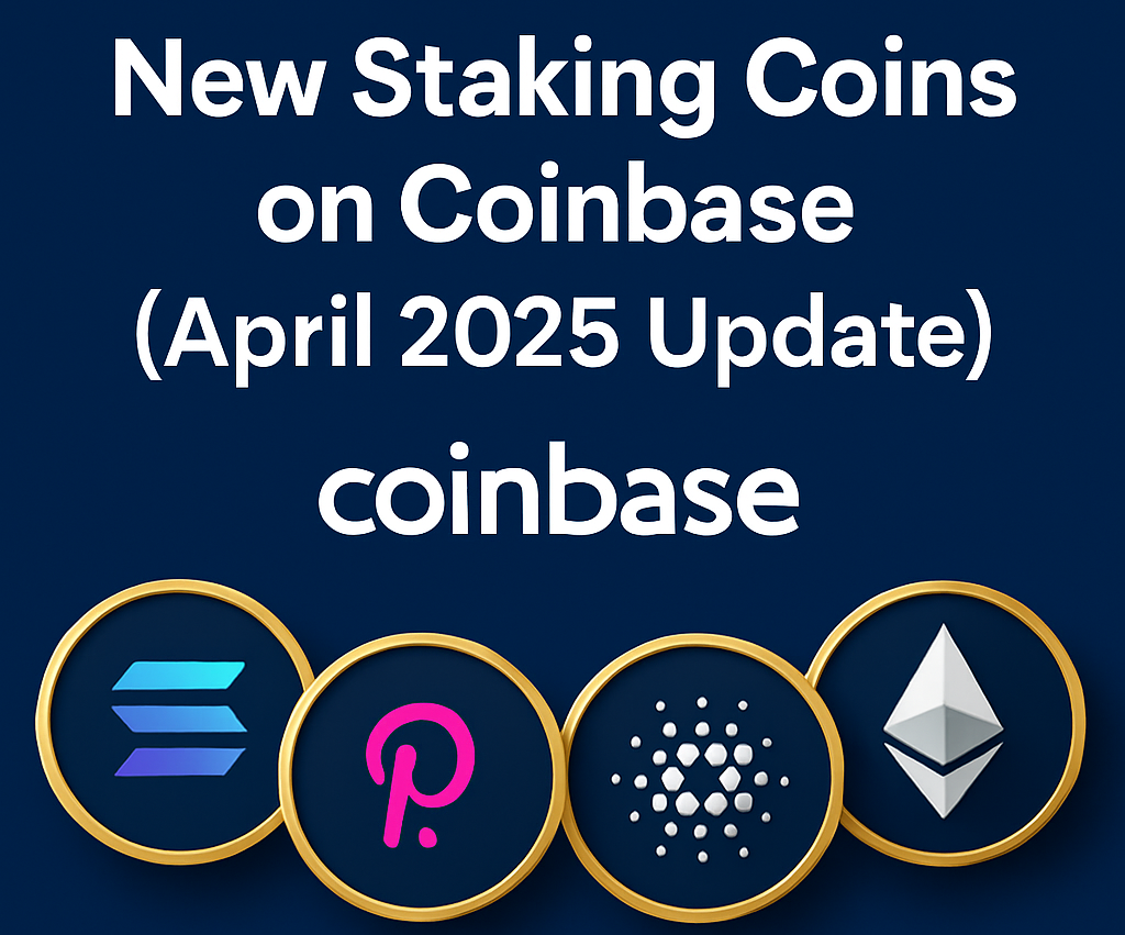 April 2025 update showcasing newly added staking coins on Coinbase, including Sei, Sui, Celestia, Akash, and Kujira for passive crypto rewards.