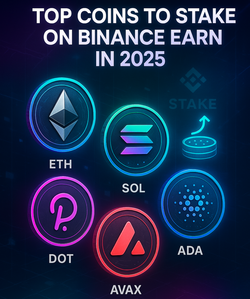 "Infographic highlighting the top coins to stake on Binance Earn in 2025, including Ethereum (ETH), Solana (SOL), Cardano (ADA), Polkadot (DOT), and Avalanche (AVAX), along with estimated APYs and staking options."