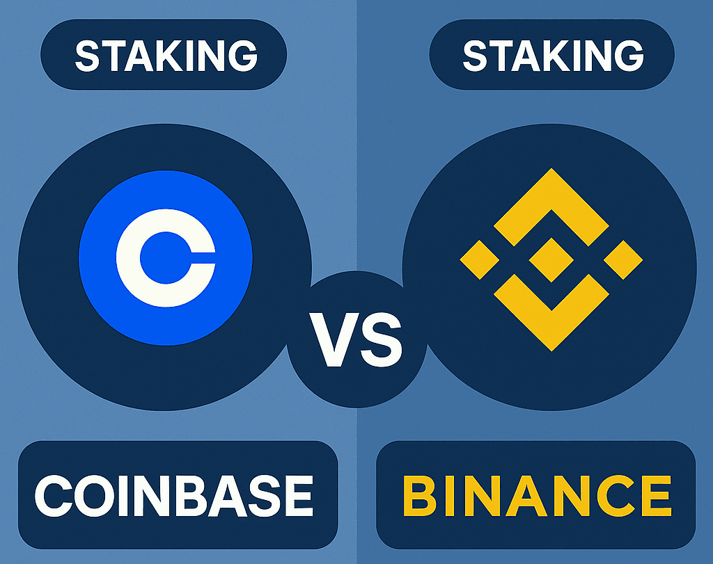 Comparison chart of Coinbase vs Binance showing features, staking rewards, supported coins, and fees for the best crypto staking platform in the USA (2025).