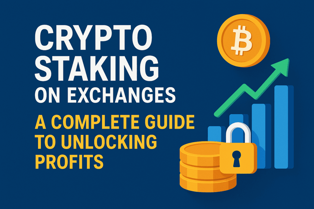 "Illustration showing crypto staking on exchanges with Bitcoin, locked coins, and profit chart"