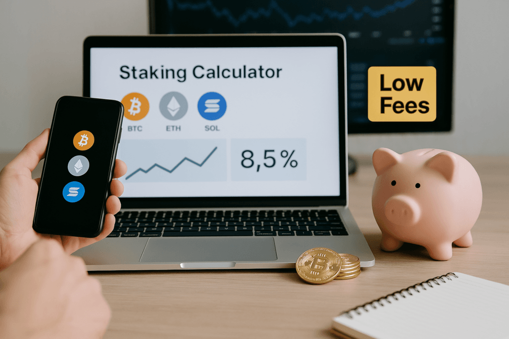“Visual list of top low-fee crypto staking exchanges for beginners in 2025 including Binance, Kraken, KuCoin, OKX, and Coinbase with staking rewards and features”