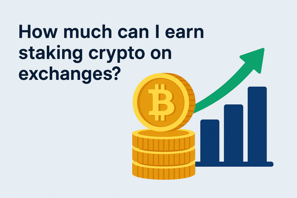 “Infographic titled ‘How Much Can I Earn Staking Crypto?’ showing APY and earning factors.”