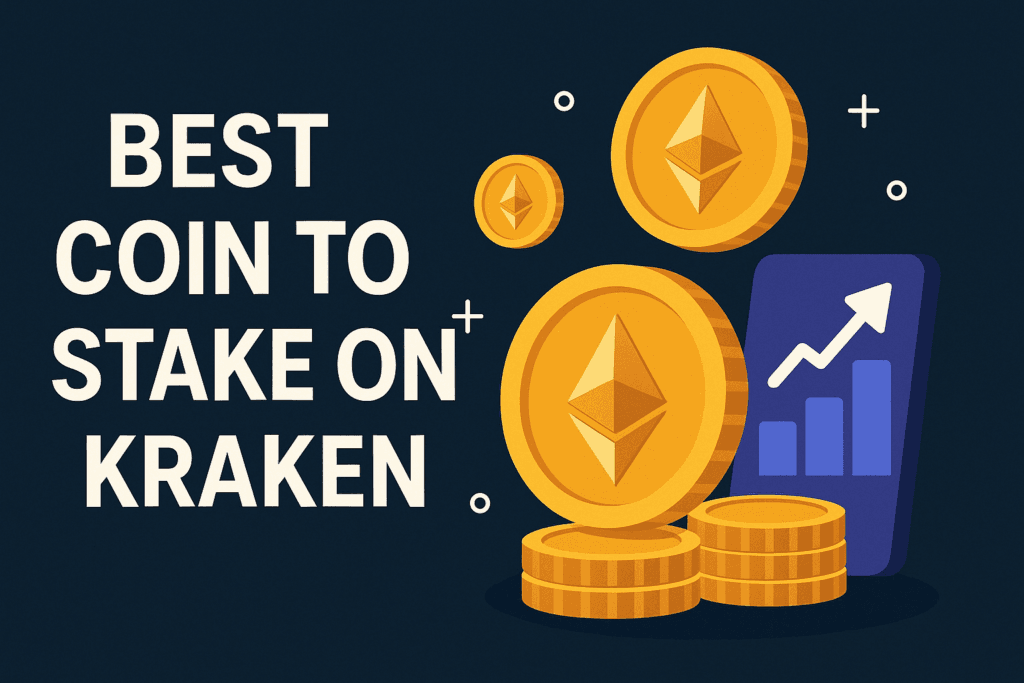 Illustration showing top crypto coins like DOT, ATOM, ETH, SOL, and ADA with staking rewards and Kraken exchange interface, highlighting the best staking options for 2025.