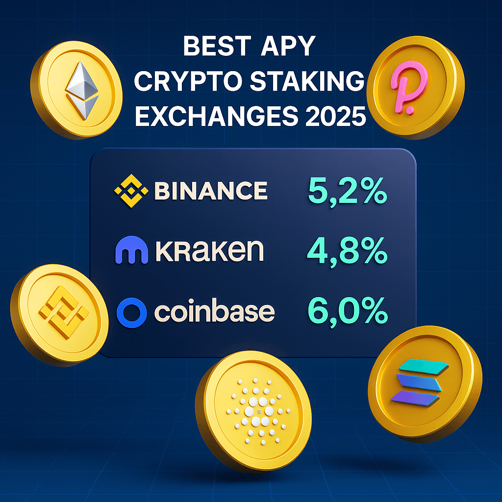 "Chart showing the best APY crypto staking exchanges in 2025, highlighting top platforms with the highest staking rewards for cryptocurrencies like ETH, DOT, and more."