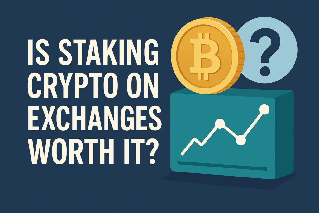 “Illustration of crypto investors evaluating staking options on centralized exchanges in 2025, comparing risks, APYs, and top platforms like Binance, Kraken, and Coinbase.”
