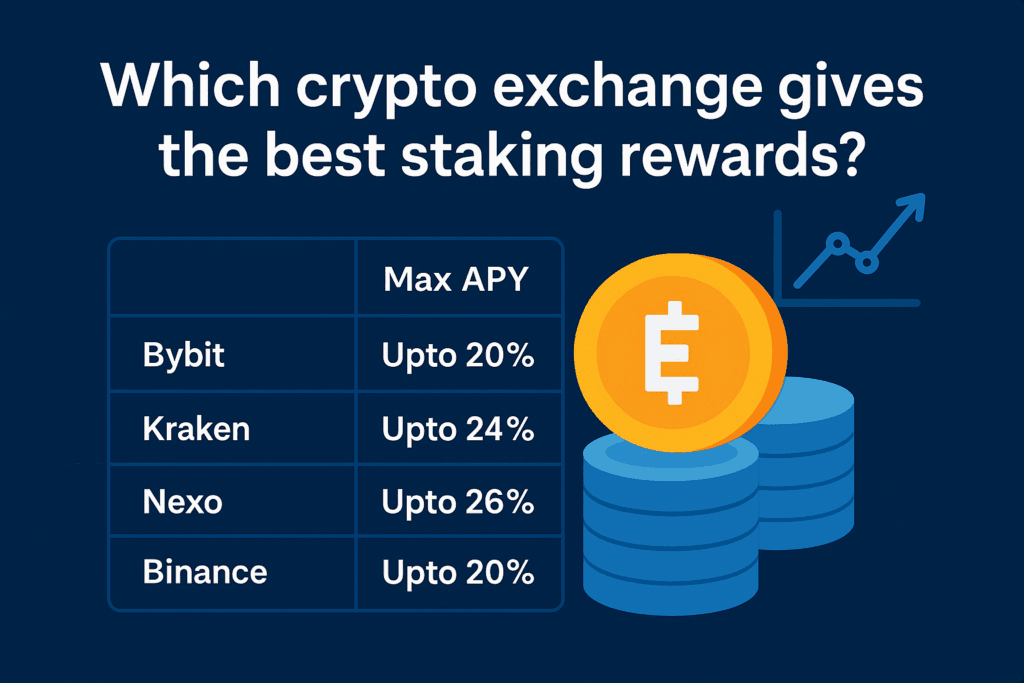 A visual comparison of crypto exchanges showing staking reward percentages for ETH, DOT, SOL, and ADA in 2025, highlighting platforms like Nexo, Kraken, Binance, and KuCoin.