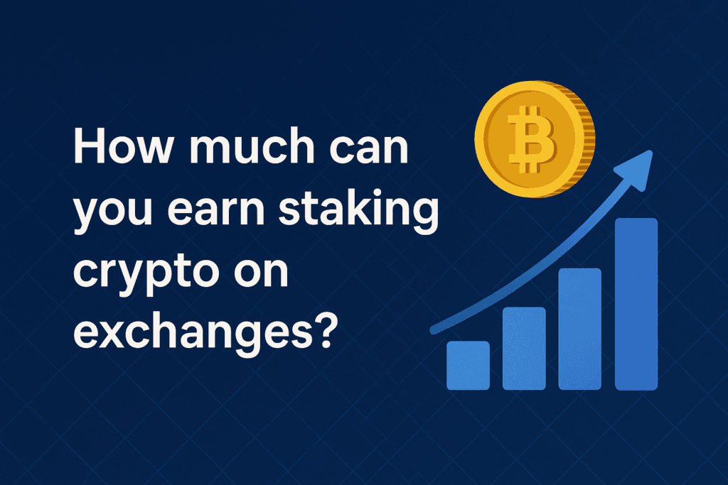 A digital graphic visualizing staking earnings on exchanges in 2025, featuring APY percentages for ETH, DOT, and ATOM, and comparing flexible vs locked staking options.