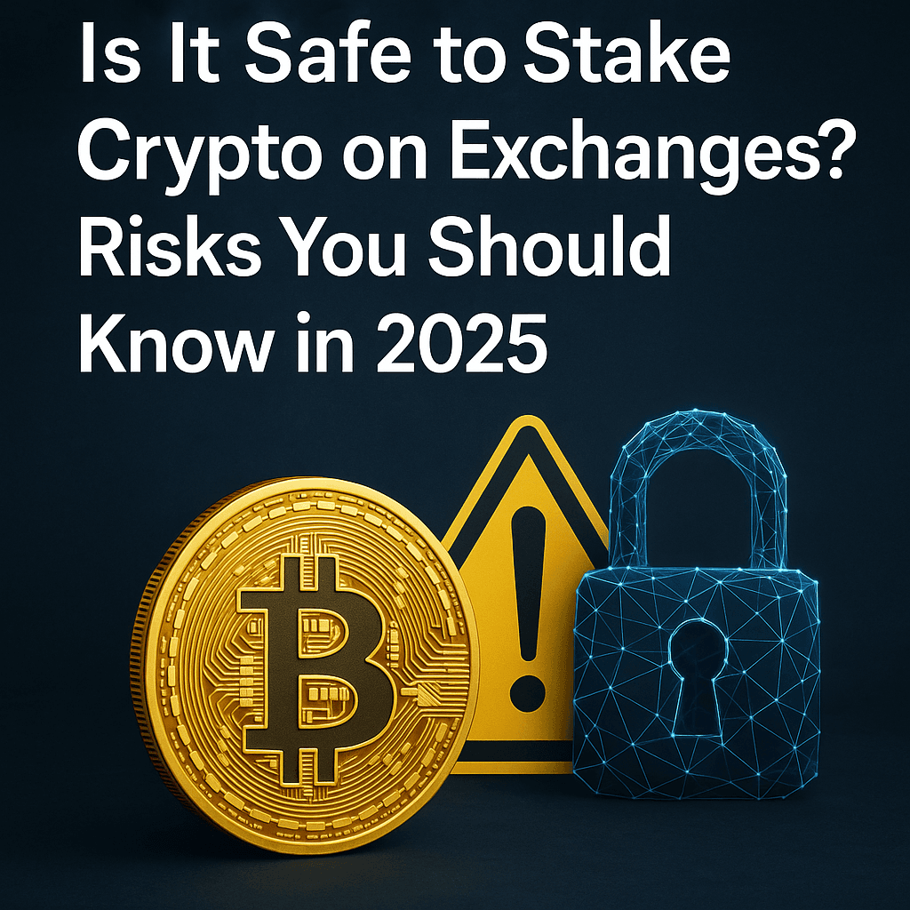 "Infographic detailing the risks of staking crypto on exchanges in 2025, highlighting custodial risks, exchange hacks, slashing penalties, and regulatory uncertainties."