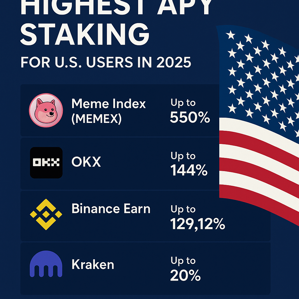 Infographic showing the highest APY staking platforms for U.S. users in 2025 with top crypto coins like ETH, DOT, SOL, and APY percentages.