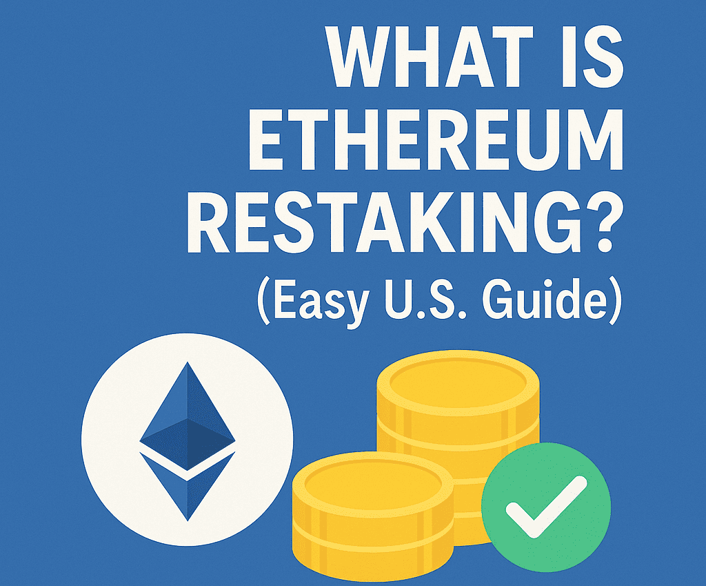 Illustration showing Ethereum restaking concept with Ethereum logo, stacked coins, and U.S. guide title for boosting staking rewards.