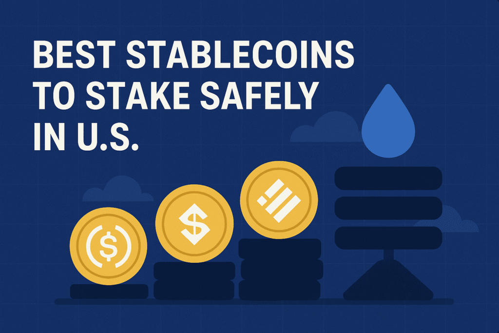Digital artwork showing U.S. investors staking stablecoins like USDC and DAI on secure crypto platforms, symbolizing safe passive income in 2025