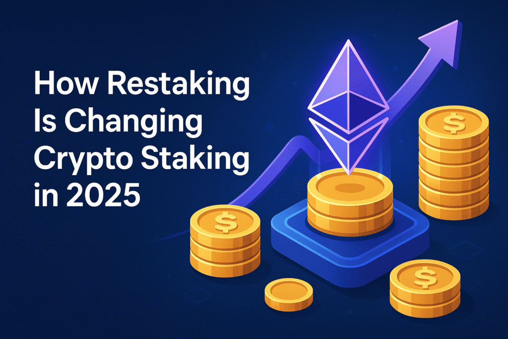 Graphical depiction of restaking reshaping crypto staking in 2025, illustrating enhanced rewards, blockchain layers, and decentralized network growth