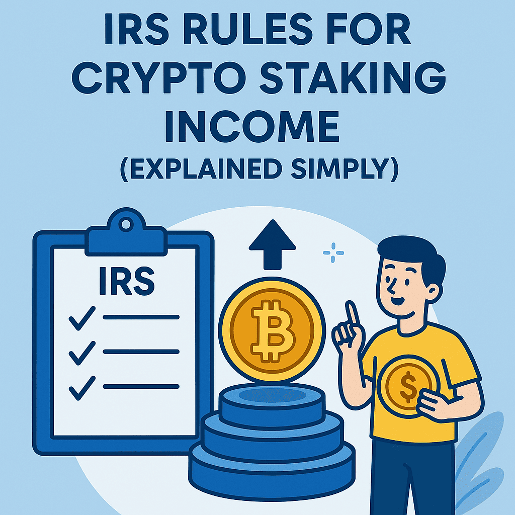 Infographic explaining IRS rules for crypto staking income in simple terms, featuring a checklist, Bitcoin icon, and taxpayer character holding a coin.