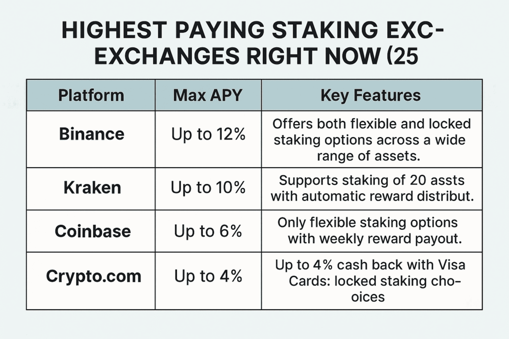 **Alt Text:** Table showing the highest paying crypto staking exchanges in May 2025, including APY rates, platforms like Binance and Kraken, and key staking features.