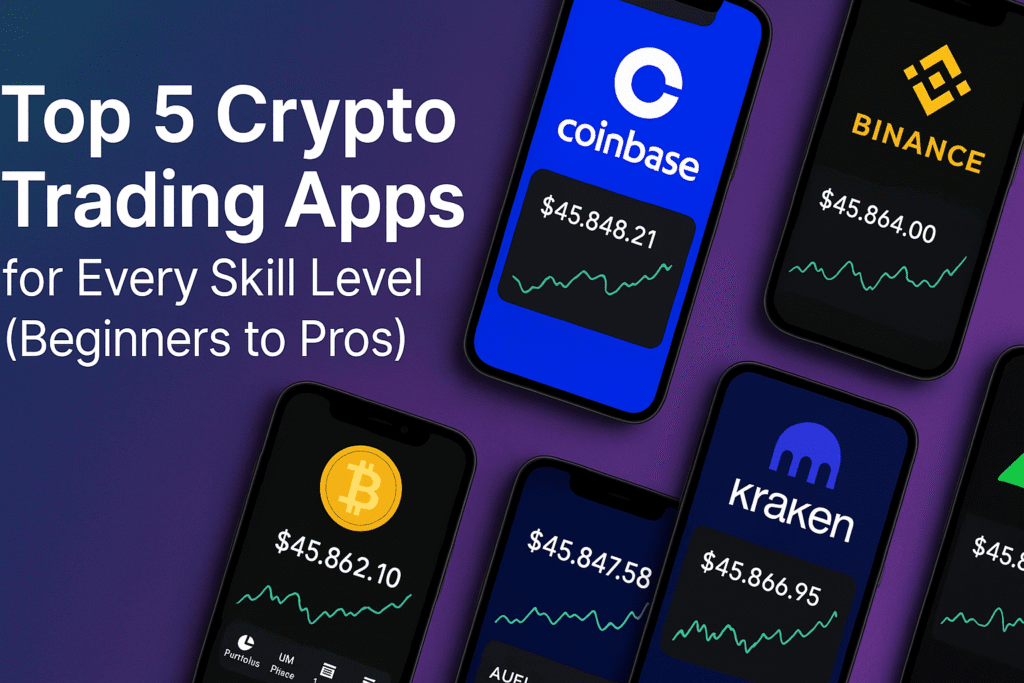 Illustration showing the Top 5 Crypto Trading Apps for every skill level, from beginners to pros, with user-friendly features and real-time trading tools.