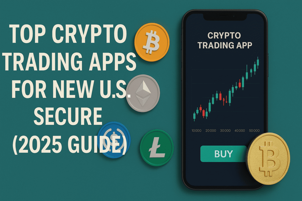 Illustration of mobile phones displaying crypto charts and app logos, highlighting the Top Crypto Trading Apps for New U.S. Users in 2025—simple, secure, and beginner-friendly platforms.