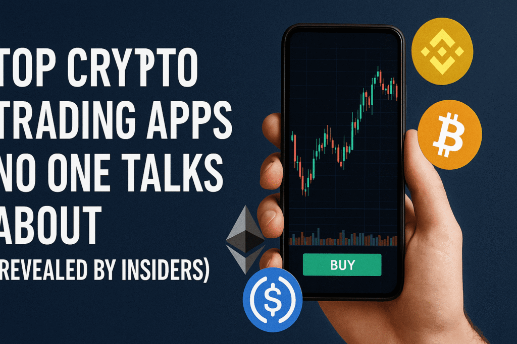 A smartphone screen showing charts and graphs with the title "Top Crypto Trading Apps No One Talks About" revealed by insiders for smart trading choices
