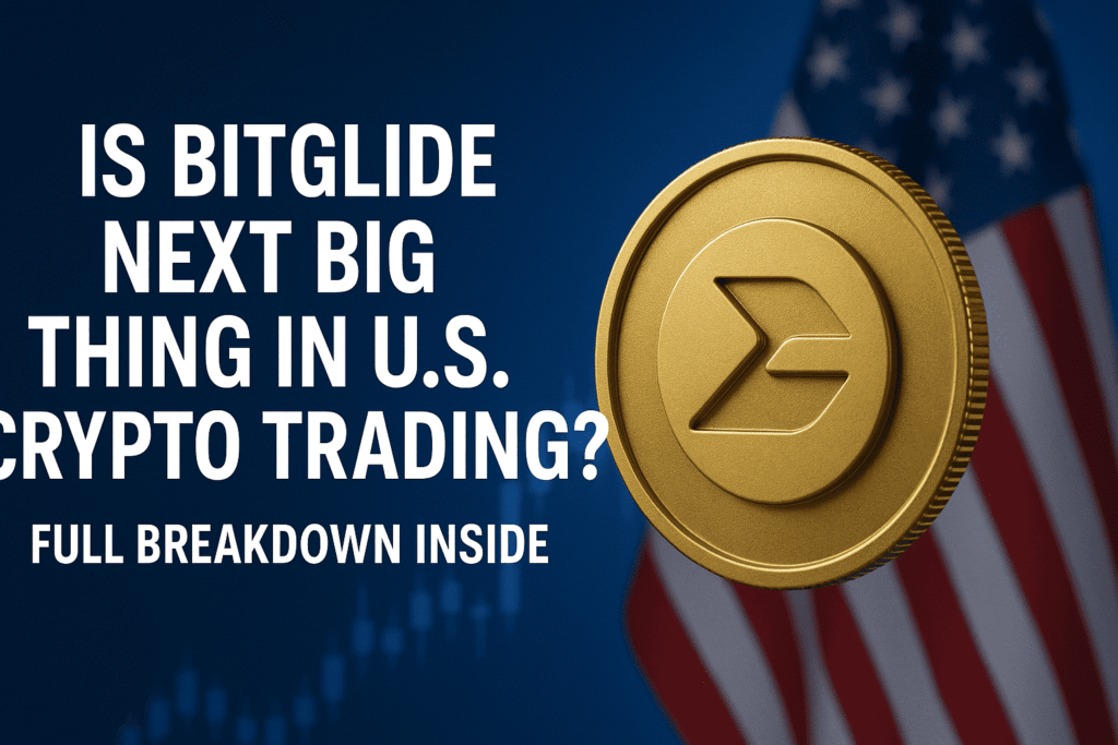 "Illustration of BitGlide crypto trading app interface with U.S. flag background, highlighting its potential as the next big thing in U.S. crypto trading