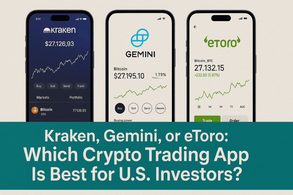 Kraken, Gemini, or eToro logos side by side with text asking, 'Which Crypto Trading App Is Best for U.S. Investors?' comparing the top crypto apps for U.S. users.