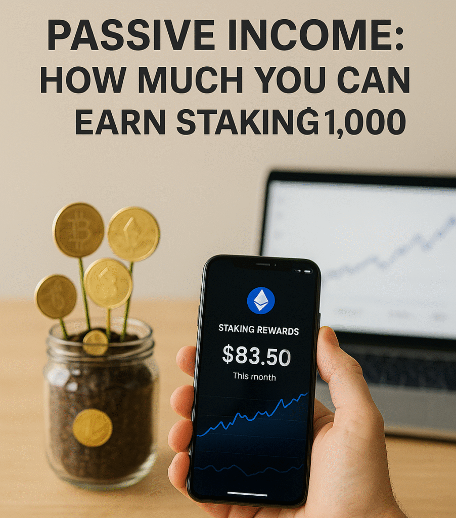 Person checking crypto staking rewards on phone, visualizing passive income potential from staking $1,000 in 2025