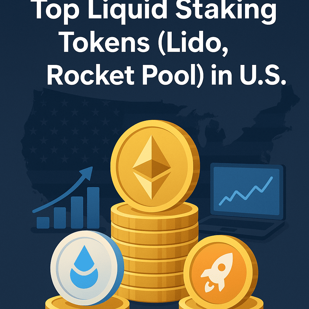 Illustration of top liquid staking tokens in the U.S. including Lido's stETH and Rocket Pool's rETH with Ethereum symbol and DeFi icons