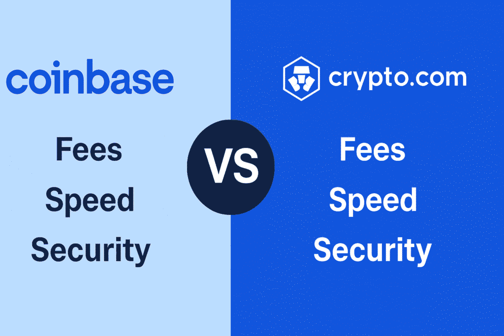 Comparison chart showing Coinbase vs Crypto.com in 2025 highlighting fees, speed, and security features"