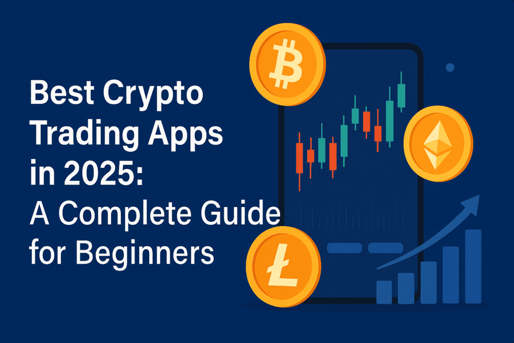 Illustration of a smartphone screen displaying the Best Crypto Trading Apps in 2025 with charts, crypto coins, and beginner-friendly interface