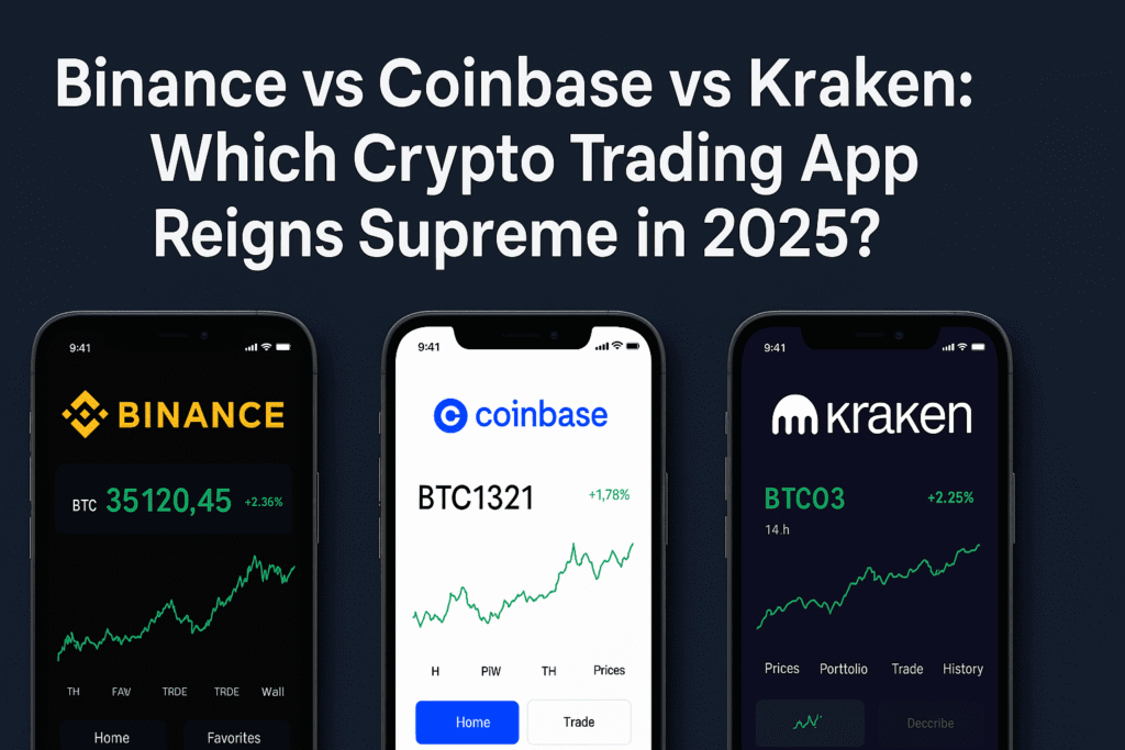 Binance vs Coinbase vs Kraken comparison chart showcasing key features, trading fees, staking rewards, and user experience to help traders choose the best crypto trading app in 2025