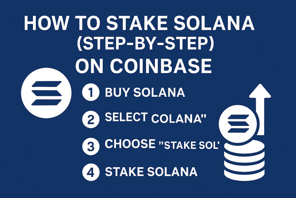 Infographic showing step-by-step instructions on how to stake Solana (SOL) on Coinbase, including buying SOL, enabling staking, and earning rewards