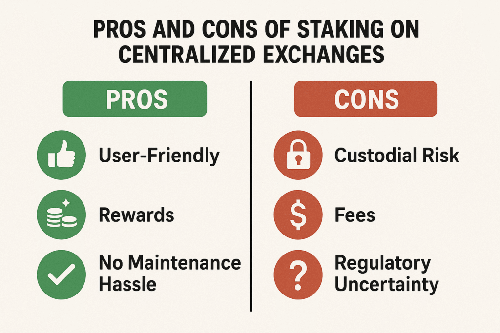 Visual breakdown of advantages and disadvantages of staking crypto on centralized exchanges, highlighting ease, rewards, and custody risks in 2025