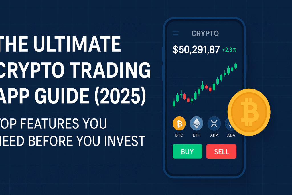 Illustration of a user analyzing charts on a smartphone with top crypto trading apps in 2025, highlighting key features before investing in cryptocurrency