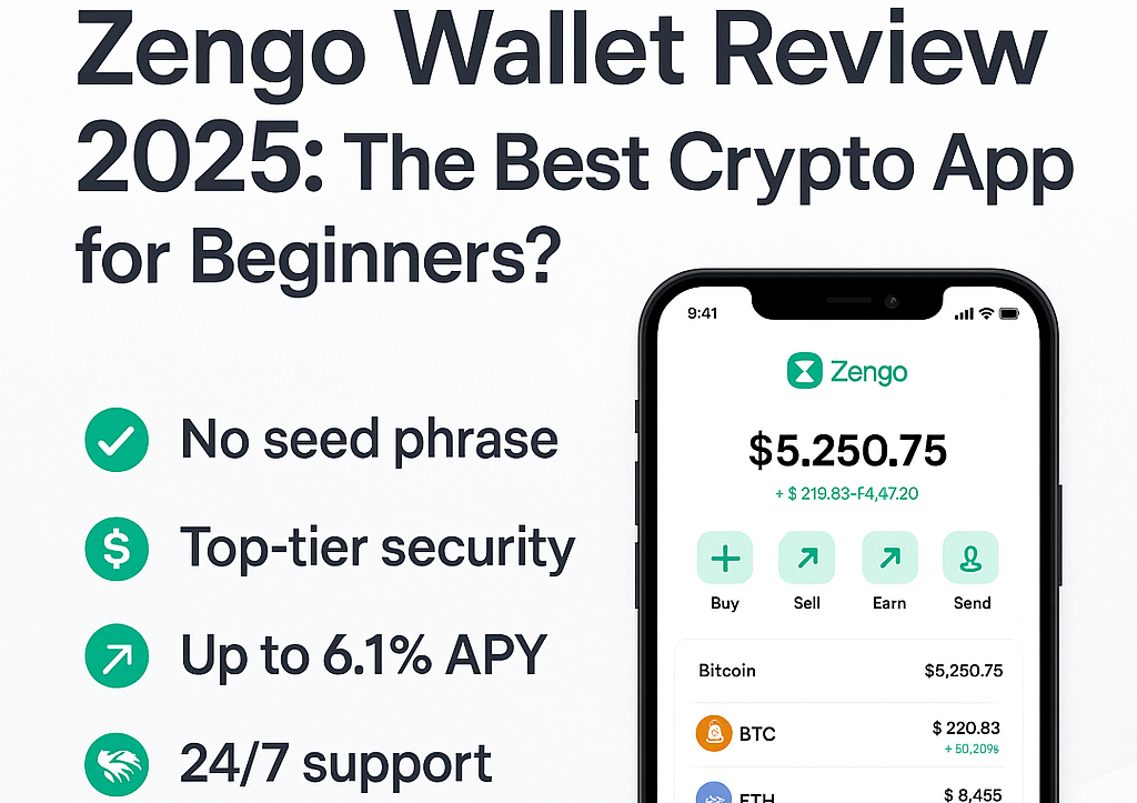 Zengo Wallet app interface on a smartphone screen with cryptocurrency charts and trading options, highlighting user-friendly design for beginners in 2025.