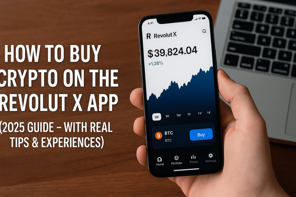 Person holding a smartphone displaying the Revolut X app with a Bitcoin price chart and buy button, alongside the text 'How to Buy Crypto on the Revolut X App (2025 Guide – With Real Tips & Experiences)' on a wooden desk background with a laptop