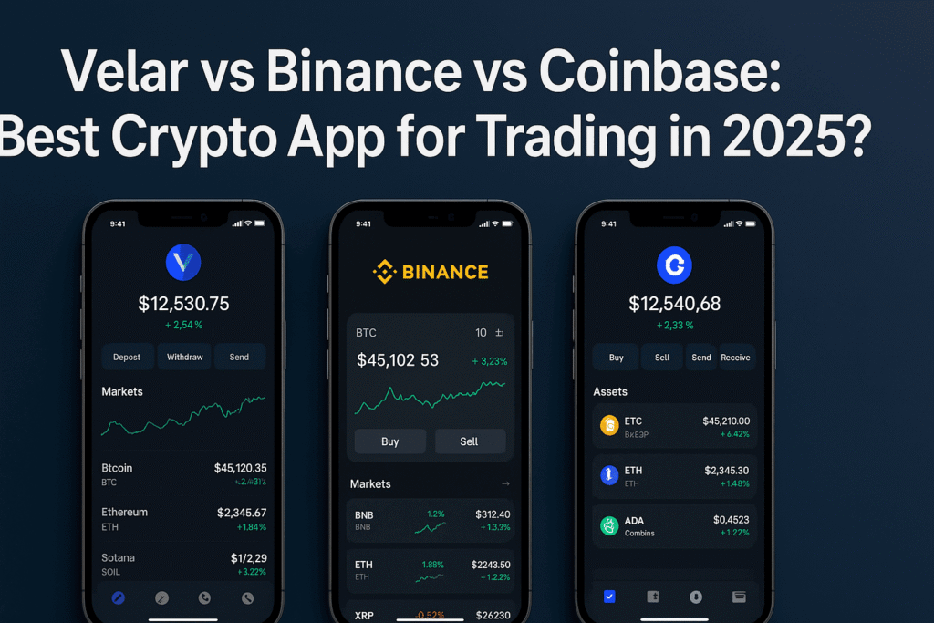 Comparison chart showing Velar vs Binance vs Coinbase: Best Crypto App for Trading in 2025, highlighting features, fees, and user experience