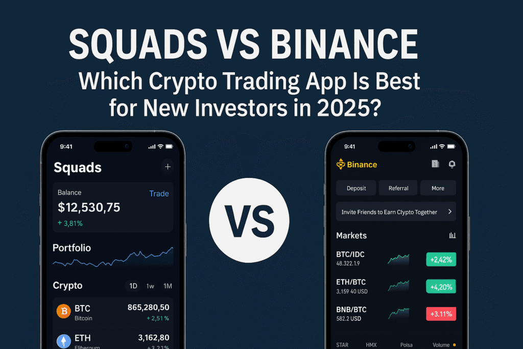 Squads vs Binance comparison chart showing features and benefits for new crypto investors in 2025