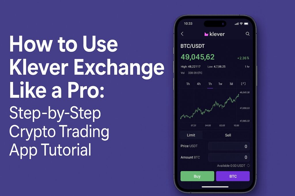 Screenshot of Klever Exchange app interface showing step-by-step crypto trading features with market charts, wallet balance, and trading options on a smartphone screen