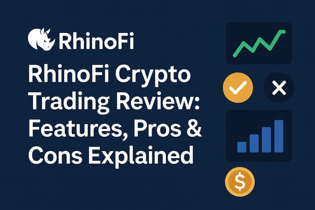RhinoFi Crypto Trading Review infographic showing key features, pros and cons of the DeFi trading platform in 2025.