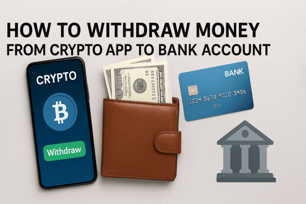llustration showing steps on How to Withdraw Money from Crypto App to Bank Account 2025 ?, including selecting a crypto wallet, choosing a withdrawal method, and transferring funds to a bank account