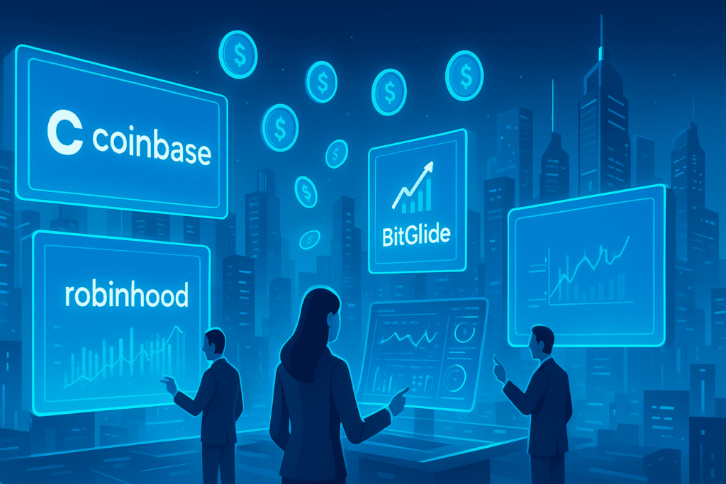 Comparison of Coinbase, Robinhood, and BitGlide crypto trading apps for U.S. traders