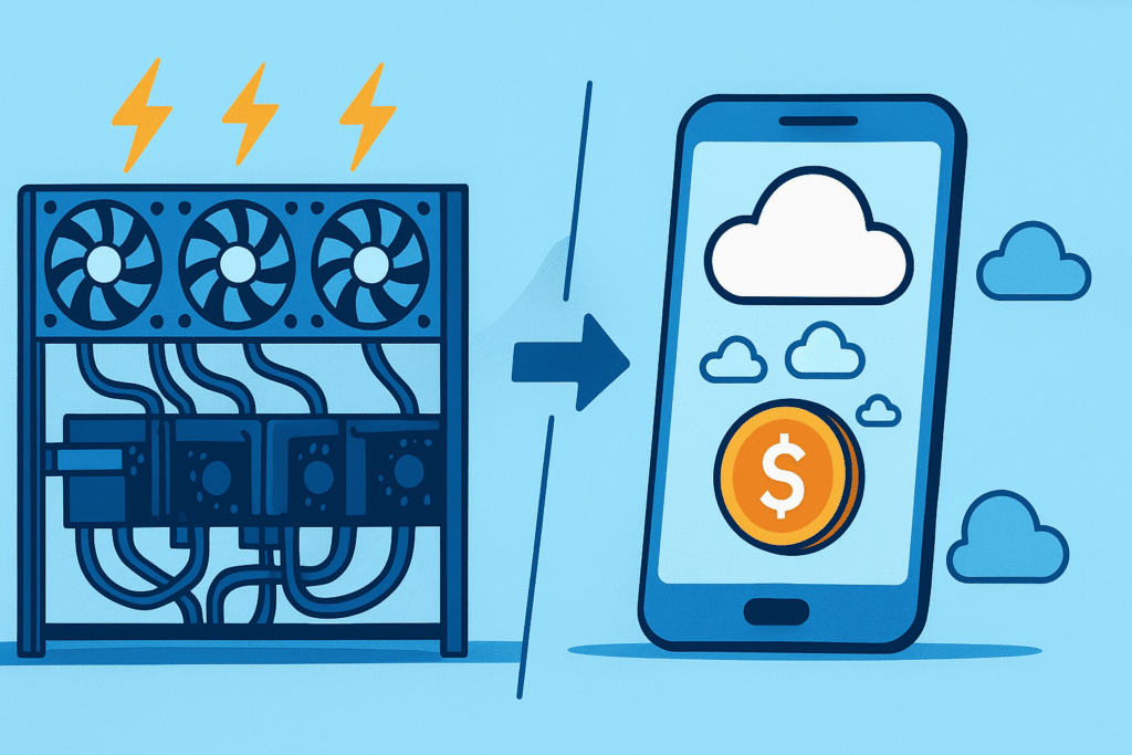 Side-by-side visual of a GPU rig and smartphone illustrating free crypto mining apps benefits