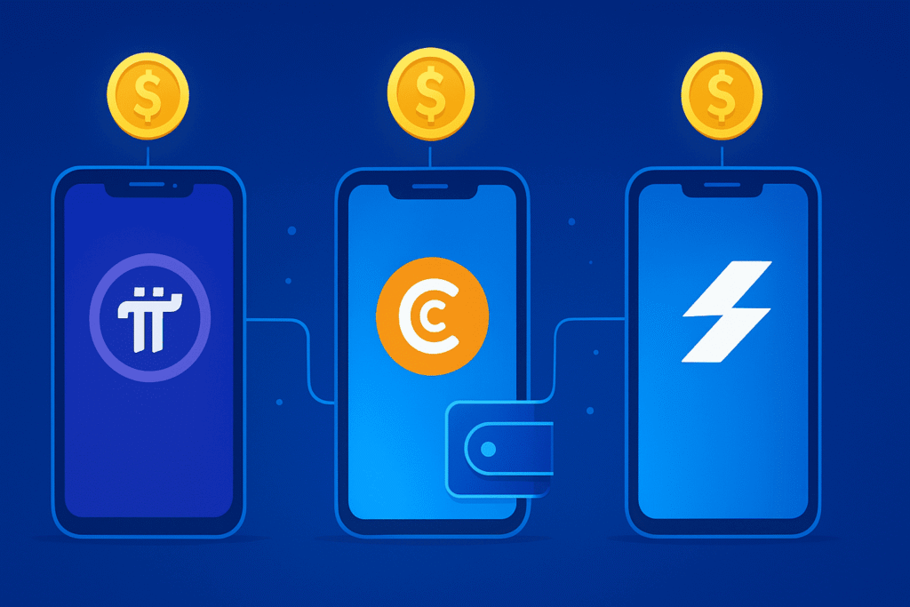 Android phone showing Pi Network, CryptoTab, and StormGain as top free crypto mining apps
