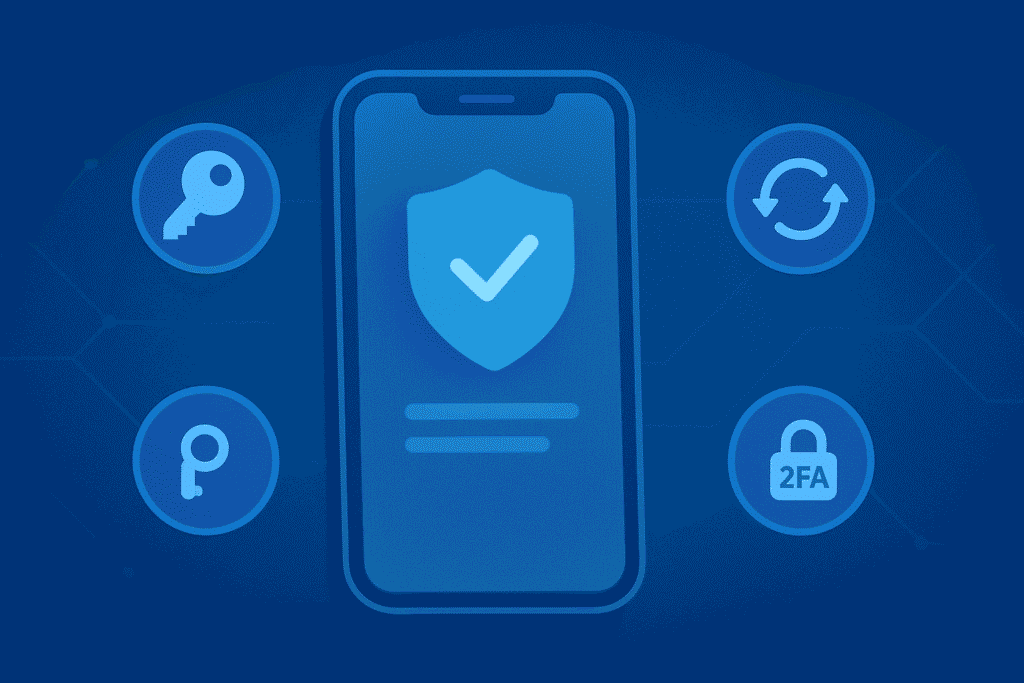 Smartphone protected by VPN, 2FA, and backups for safe free crypto mining apps use.