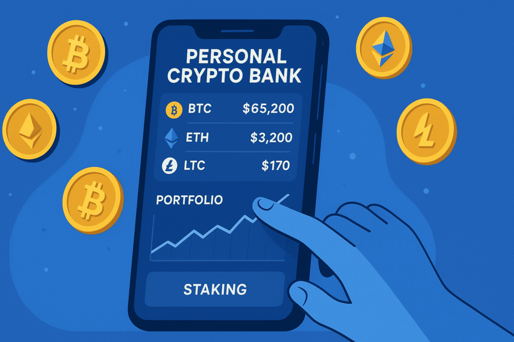 Illustration of a crypto investing app showing a mobile interface for buying, selling, and managing cryptocurrencies easily for beginners.