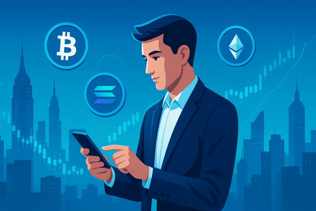 Illustration showing top crypto trading apps available in the USA in 2025 with digital charts and mobile trading interface