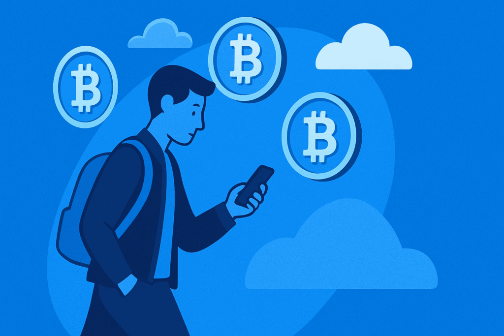 Person mining crypto on the go using free crypto mining apps on Android