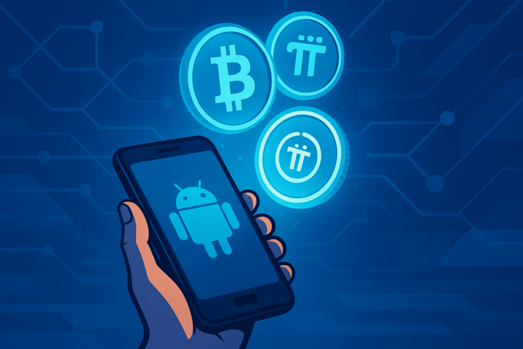 Person holding Android smartphone with free crypto mining apps showing Bitcoin, Pi, and Bee coins