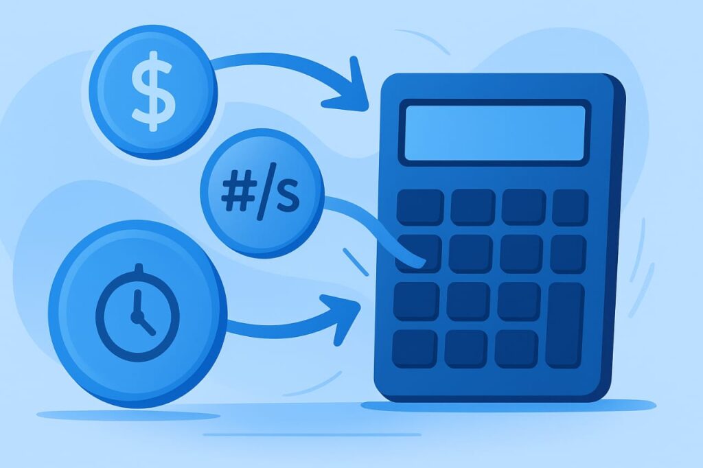 Digital calculator surrounded by coins and charts symbolizing mining app profits.