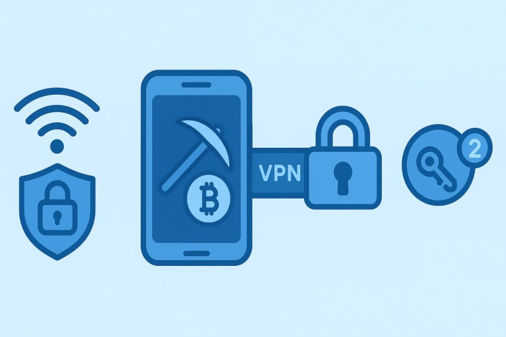 VPN and Wi-Fi security icons protecting users of free crypto mining apps.